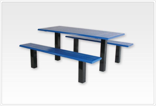 Straight Post Picnic Table with 4 Beveled Edge Perforated Steel Straight Post Picnic Table with 4 Beveled Edge Perforated Steel