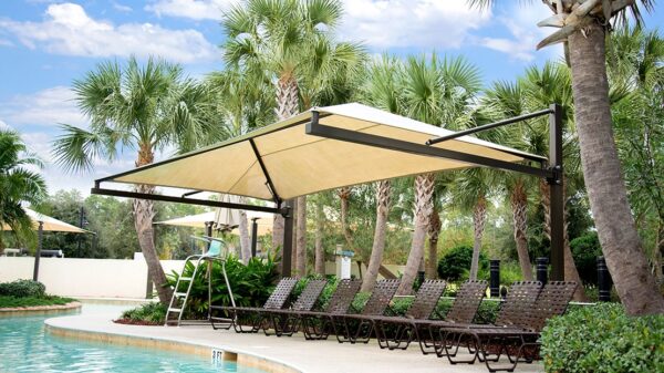 suspended cantilever shade, T-cantilever shade, hanging cantilever shade, square cantilever umbrella shade, shade structure, commercial shade structure, sail structure, custom shade structure, Commercial shade structures, shade canopy