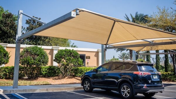 suspended cantilever shade, T-cantilever shade, hanging cantilever shade, square cantilever umbrella shade, shade structure, commercial shade structure, sail structure, custom shade structure, Commercial shade structures, shade canopy