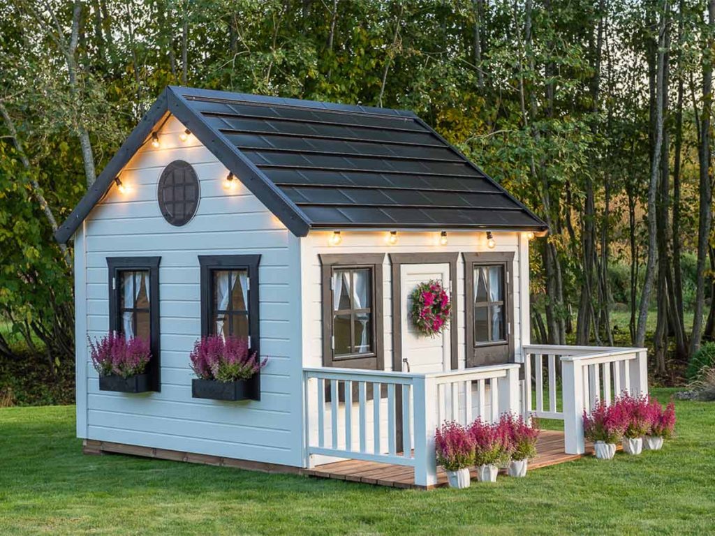 Blackbird 8x8 Black and White Wooden Kids Playhouse with Loft