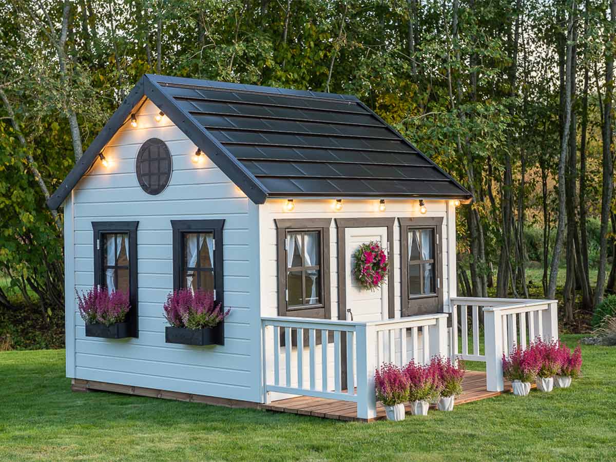 Blackbird 8x8 Black and White Wooden Kids Playhouse with Loft