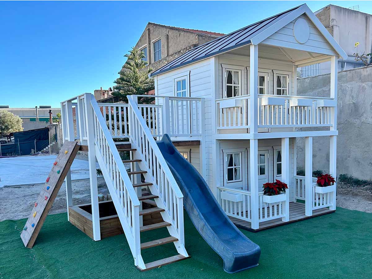 Fairy Tale Haven 8x8 Two Story Wooden Kids Playhouse with Covered Balconies