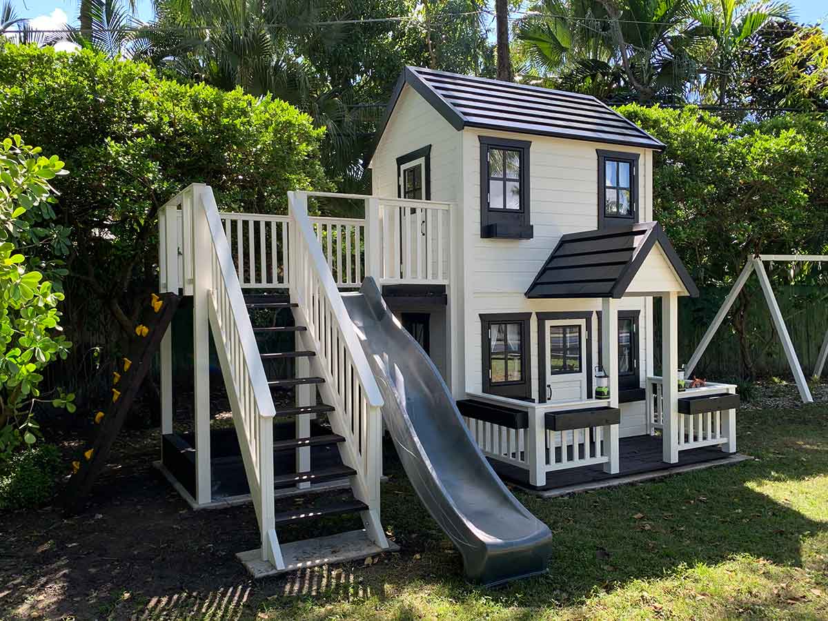 Prince 6x8 Two Story Wooden Kids Playhouse with Spiral Slide and Balcony