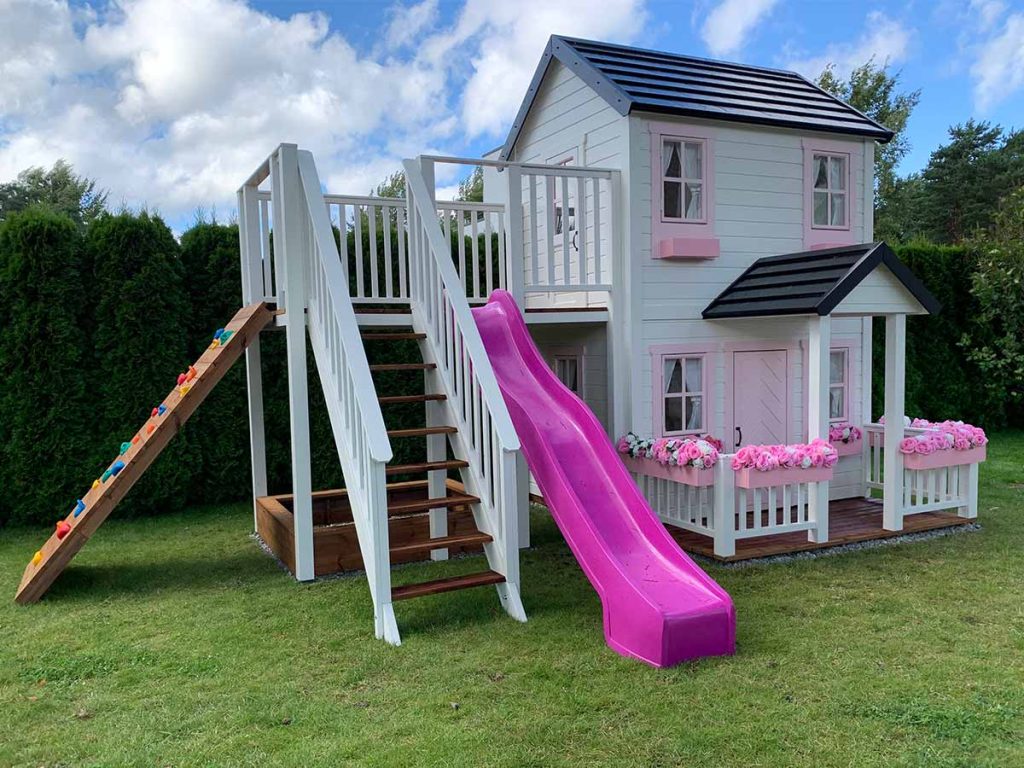Princess 6x8 Two Story Wooden Kids Playhouse with Balcony, Slide and Swings