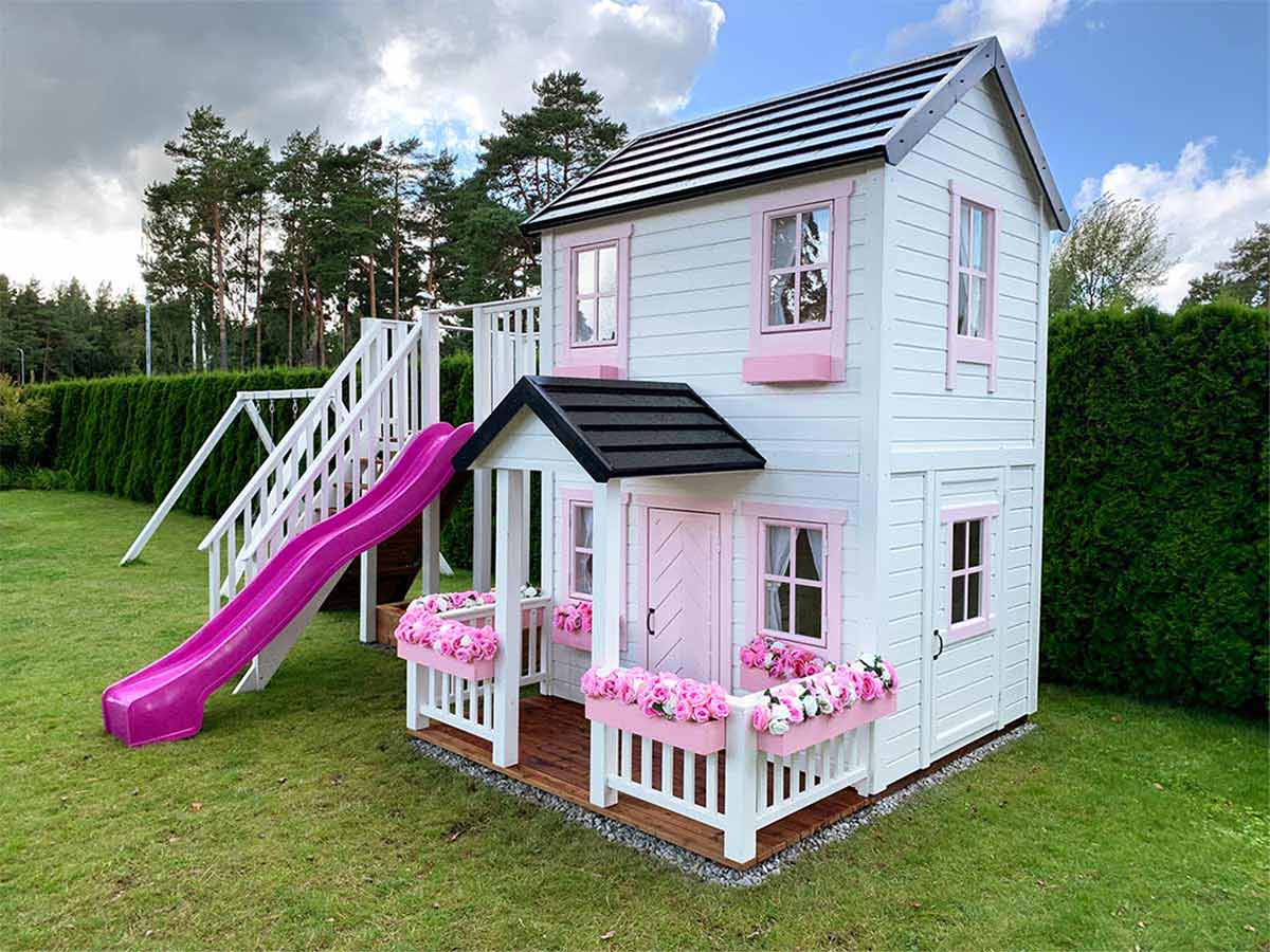 Princess 6x8 Two Story Wooden Kids Playhouse with Balcony, Slide and Swings (view 2)