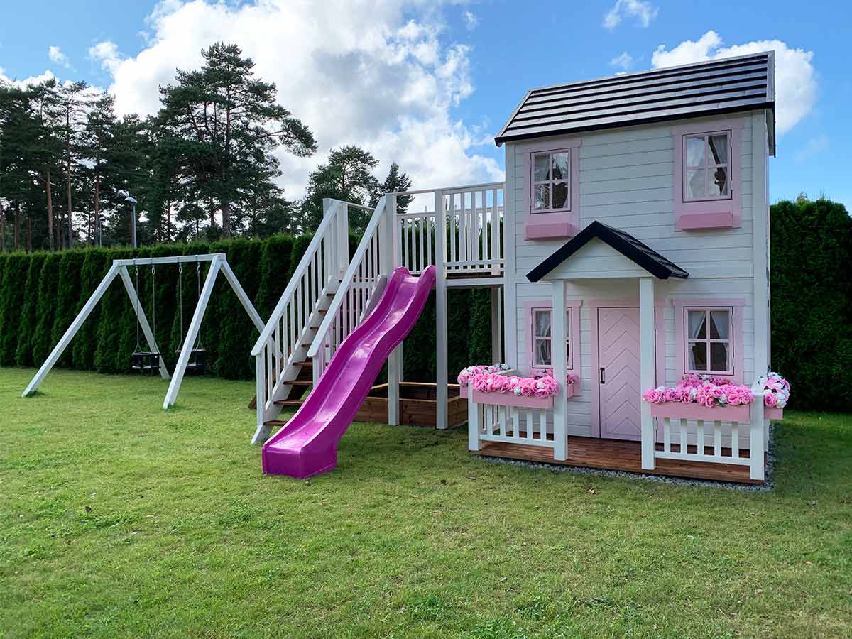 Princess 6x8 Two Story Wooden Kids Playhouse with Balcony, Slide and Swings (view 3)