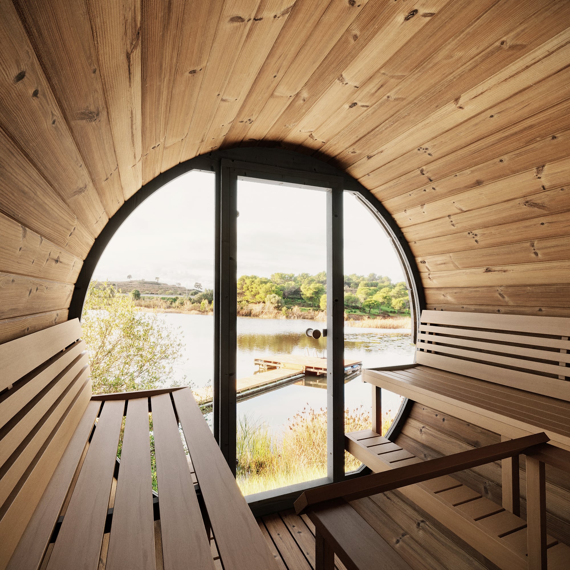 Saunalife EE8G 6-Person ERGO-Series Barrel Sauna | Glass Front (view 4)